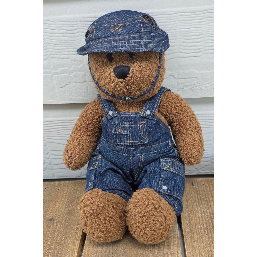 Vintage Baby Gap Teddy Bear Plush Brown Sherpa Denim Overalls Hat 15 Inch